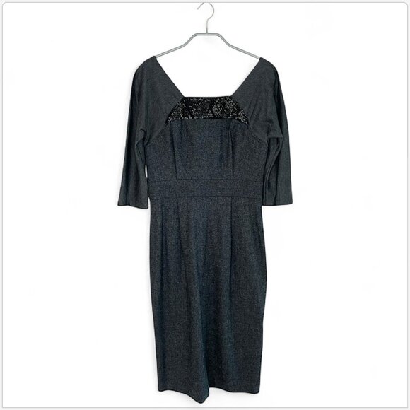 Vera Wang Lavender Label Charcoal Gray Sheath Dress Black Beading Cocktail 4 - Picture 1 of 5